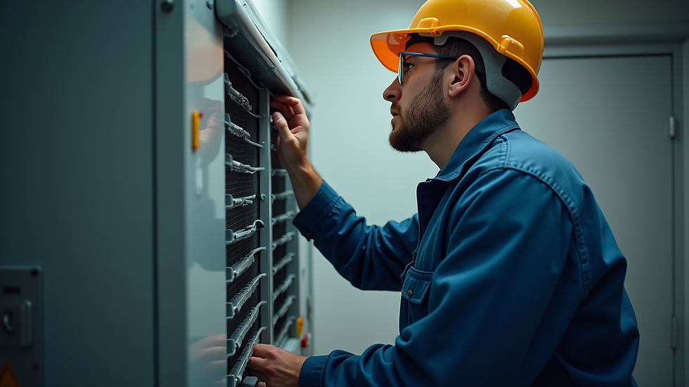 Eye-level view of a technician inspecting an air conditioning unit