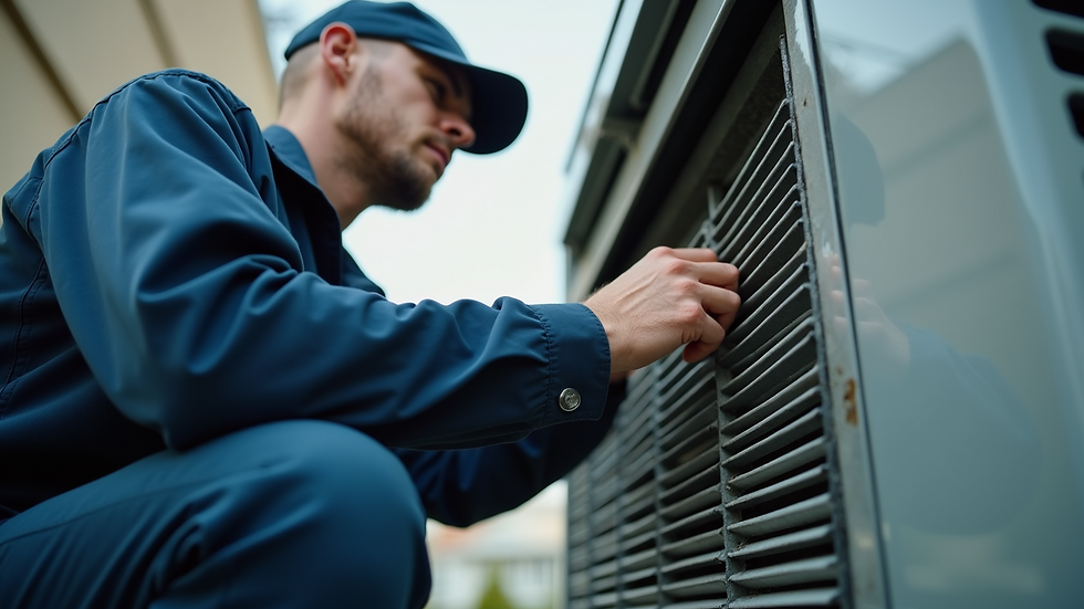 Close-up view of a technician performing maintenance on an air conditioning unit