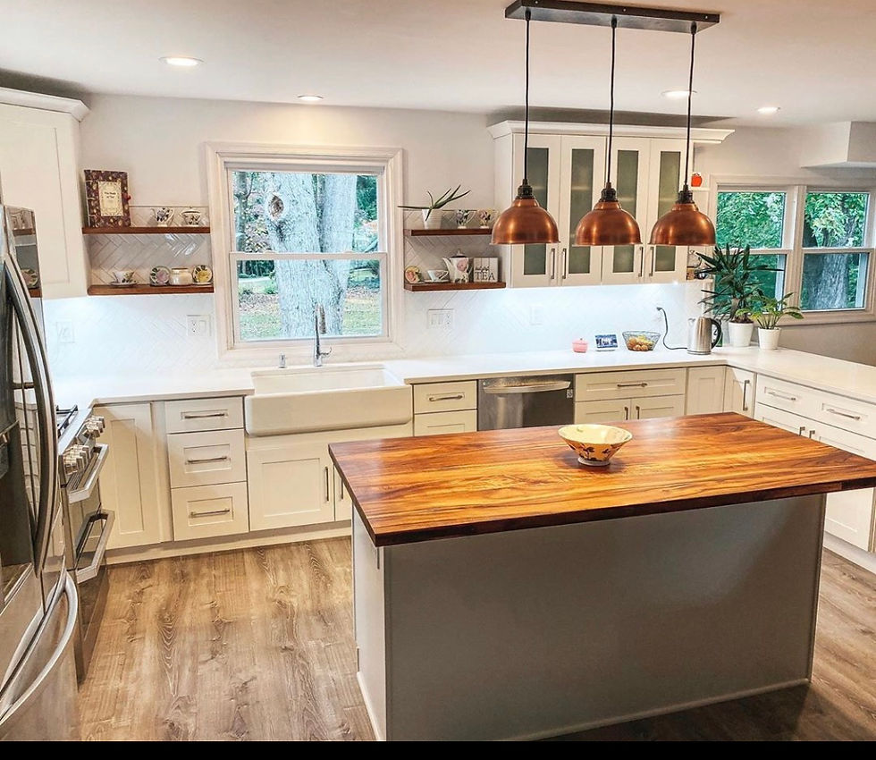 Floating Shelves and Butcher Block Island