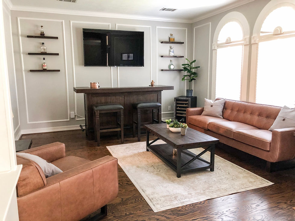 Custom floating shelves, TV mounting, room design