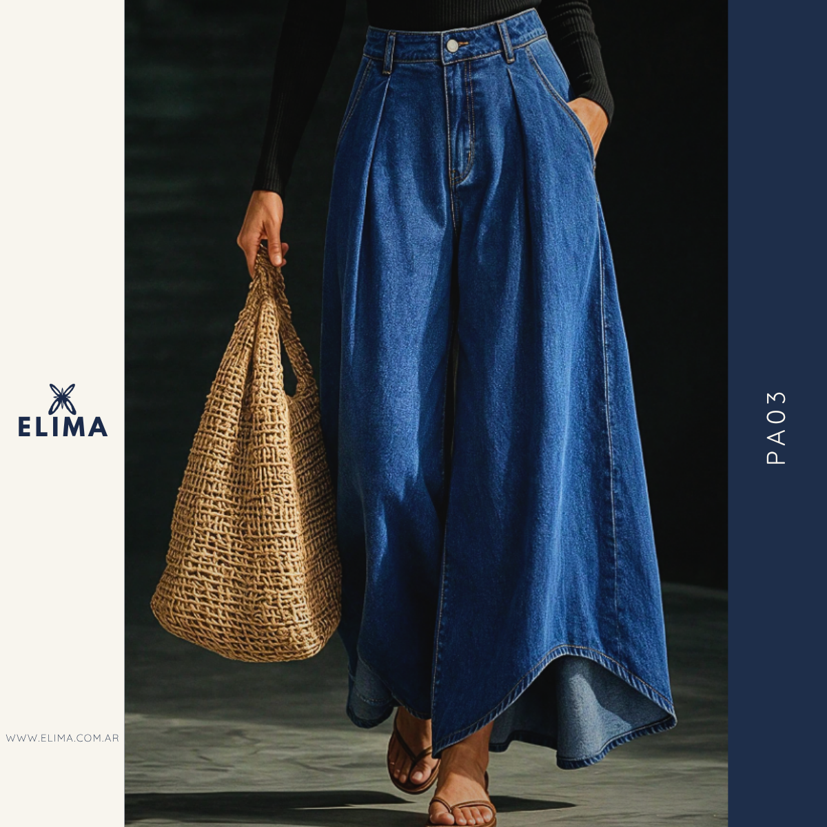 Pantalón Jean Palazzo con Pinzas y Ruedo Asimétrico ELIMA – Denim PA03