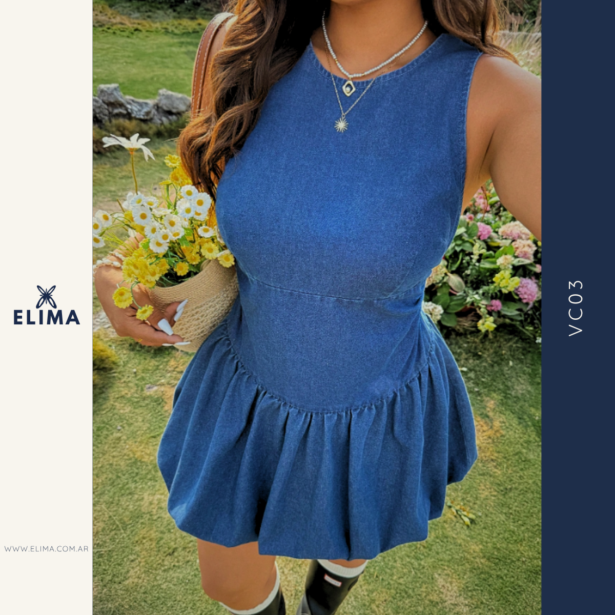 Vestido Corto de Jean Falda Globo ELIMA – Denim Elastizado VC03