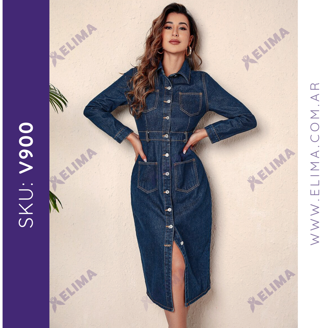 Vestido midi manga larga de jean elastizado V900 ELIMA