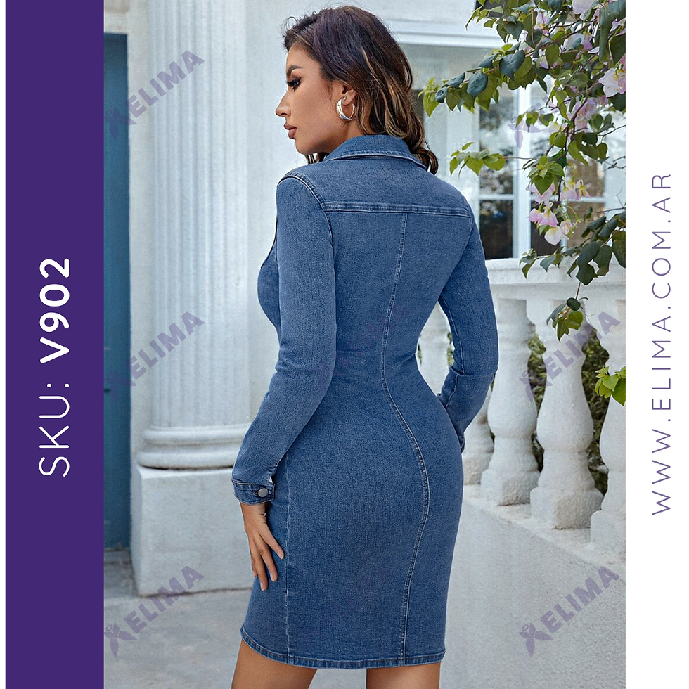 Miniatura: Vestido corto manga larga de jean elastizado V902 ELIMA