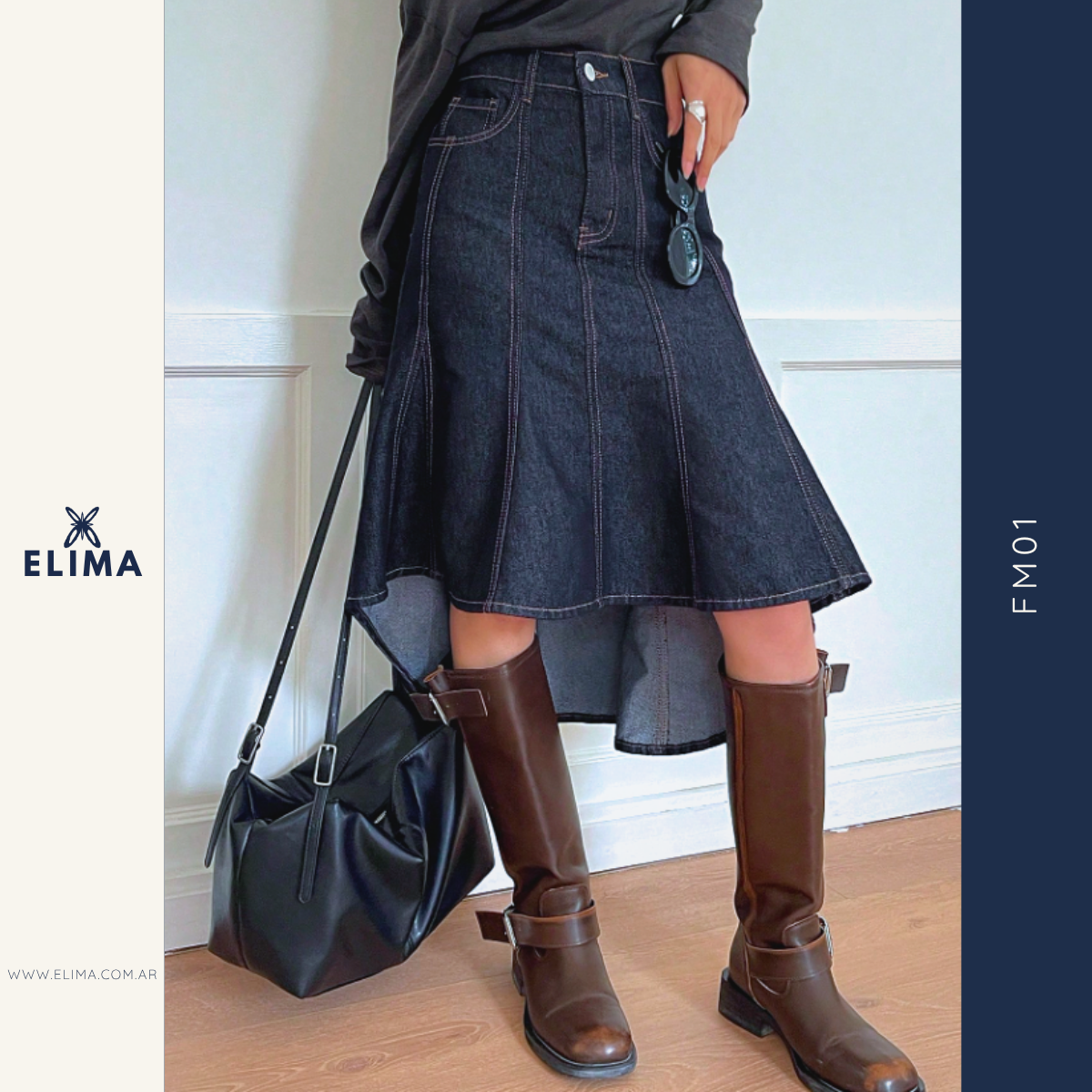 Falda Midi de Jean Asimétrica Mullet ELIMA – Denim Elastizado FM01