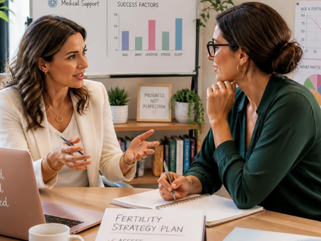 Two women discuss fertility strategy in a bright office, with charts, a laptop reading empowered informed supported, and a plan on the desk.