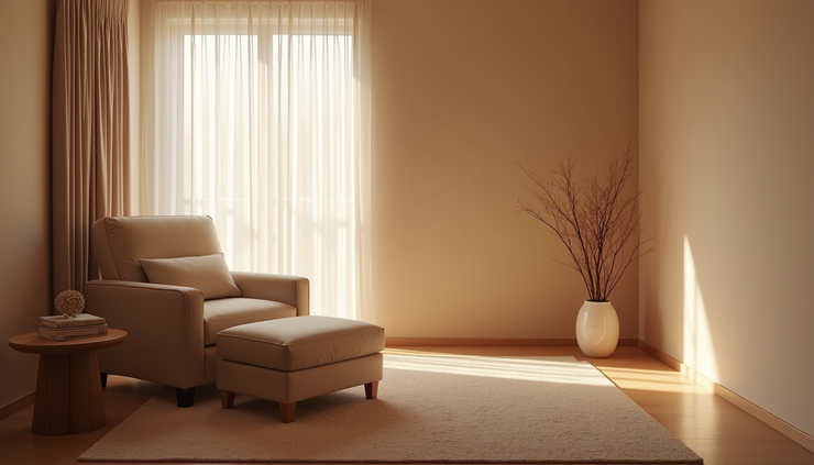 Eye-level view of a calm therapy room with a comfortable chair and soft lighting