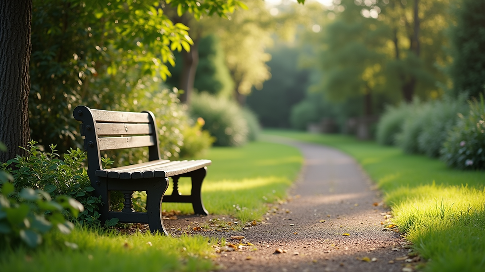Close-up view of a tranquil garden with a single bench surrounded by greenery