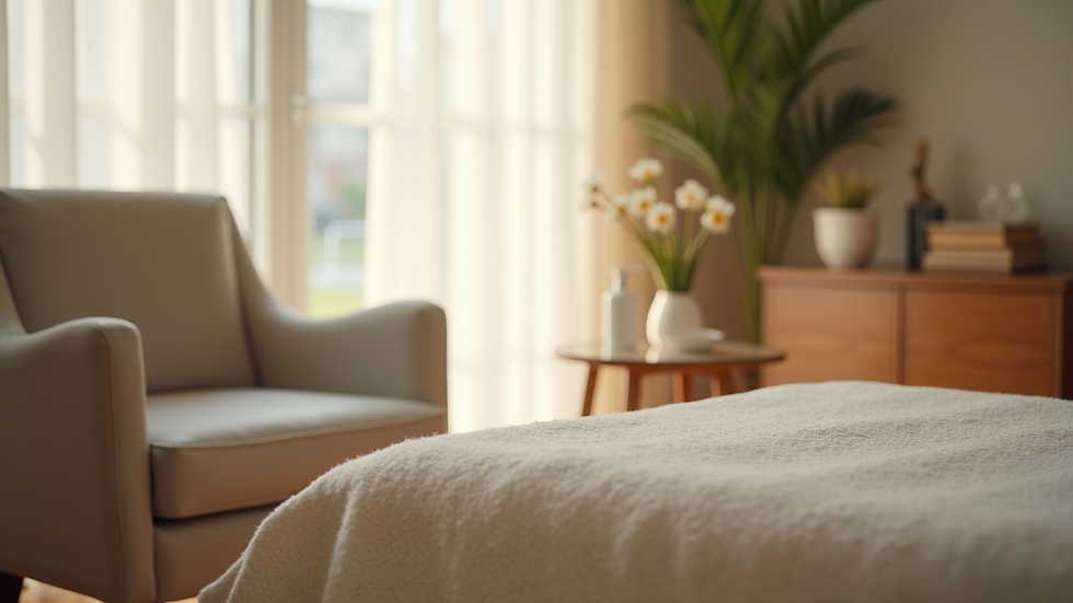 Close-up view of a calm therapy room with a comfortable chair and soft lighting