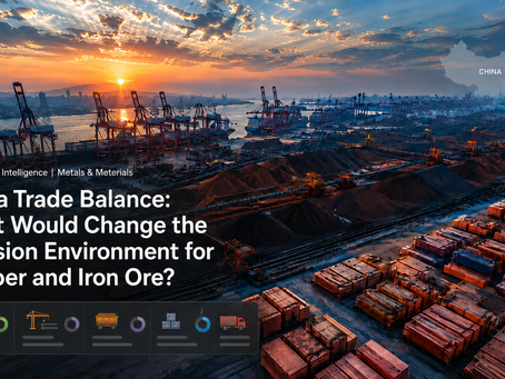 Container port at sunset with cargo ships, cranes, and stacked containers, illustrating China Trade Balance analysis for copper and iron ore.