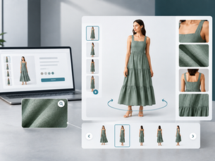 AI 360 degree product viewer displaying a fashion dress from multiple angles with fabric and detail views