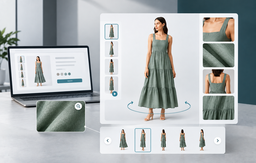 AI 360 degree product viewer displaying a fashion dress from multiple angles with fabric and detail views