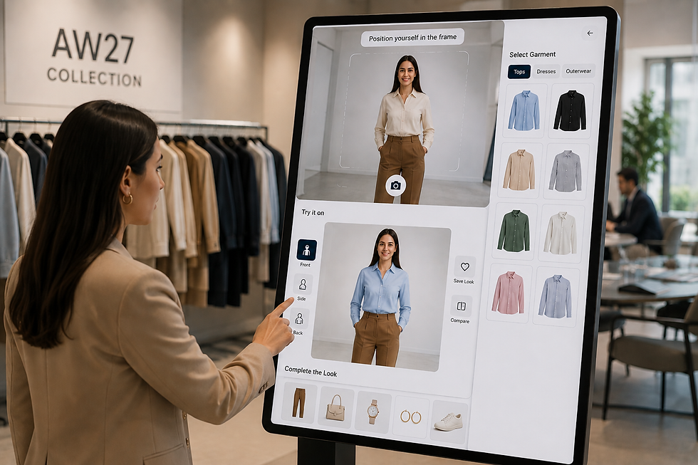 Virtual dressing room for B2B fashion ordering showing a buyer using virtual try-on to visualize garments and explore different styles