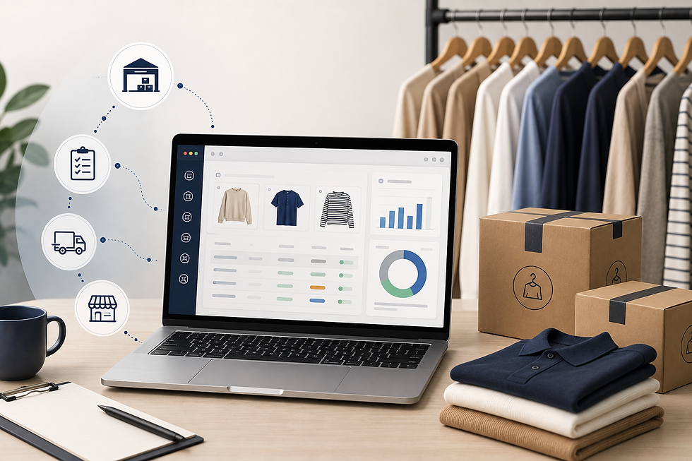 Distribution Management Software for fashion brands, showing a B2B retail dashboard, live inventory, clothing, and order fulfillment.