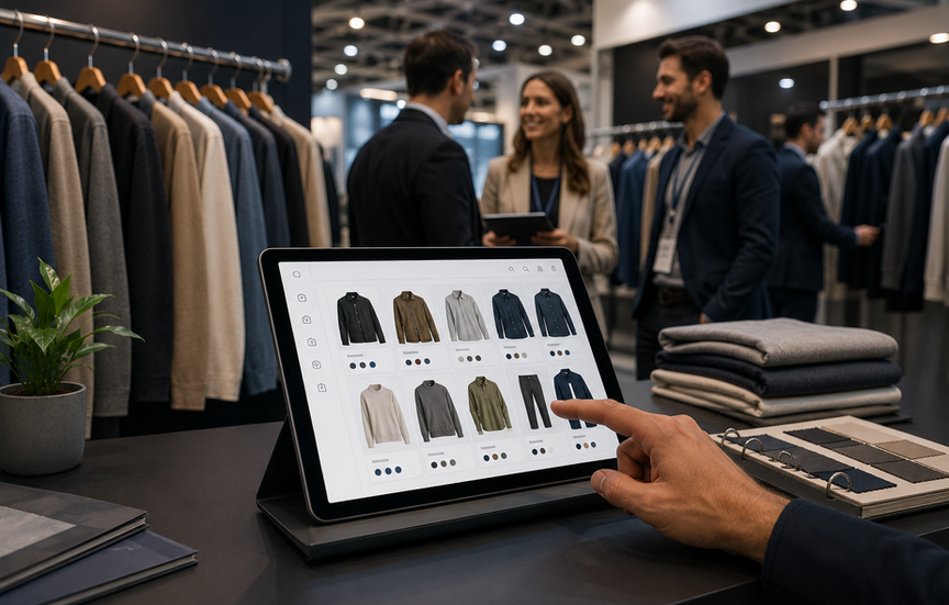 Fashion trade show with buyers using a digital tablet to browse clothing collections and place orders, highlighting modern B2B order booking.