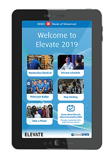 Two tablets and a service robot displaying event application landing page, reading ‘Welcome to Elevate 2019’.