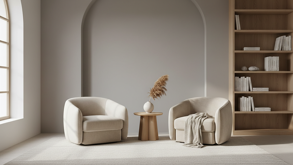 Eye-level view of a cozy therapy office with two chairs and a small table
