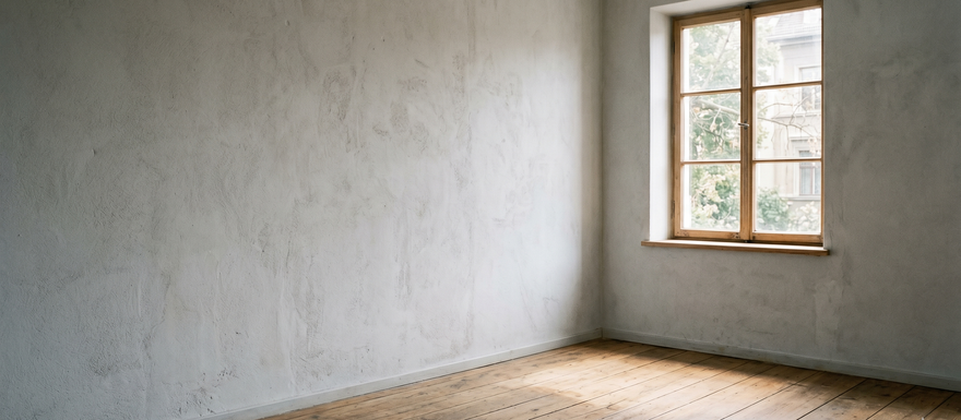Editorial photograph, light gray plaster wall, a single bare window casting soft afternoon light across an empty wooden floor, large negative space, no people, quiet, film grain, muted warm tones.