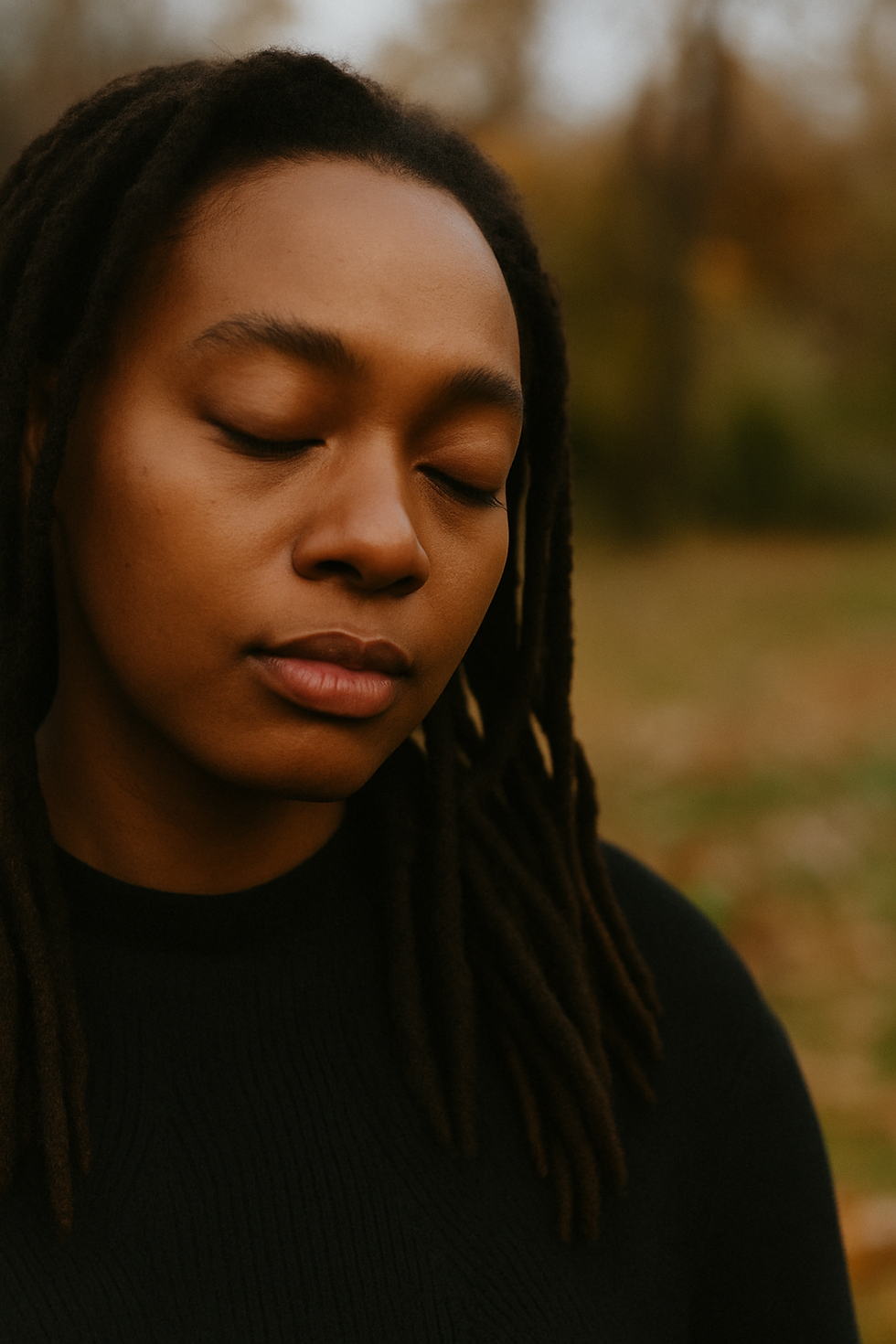 A close-up of a young Black woman with her eyes closed, standing peacefully in soft autumn light, expressing calm reflection and emotional depth.