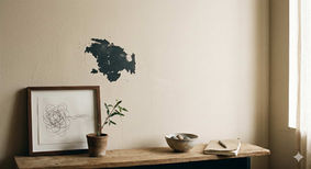 A photograph featuring a beige, textured wall with a small, weathered patch of dark, chipped paint.