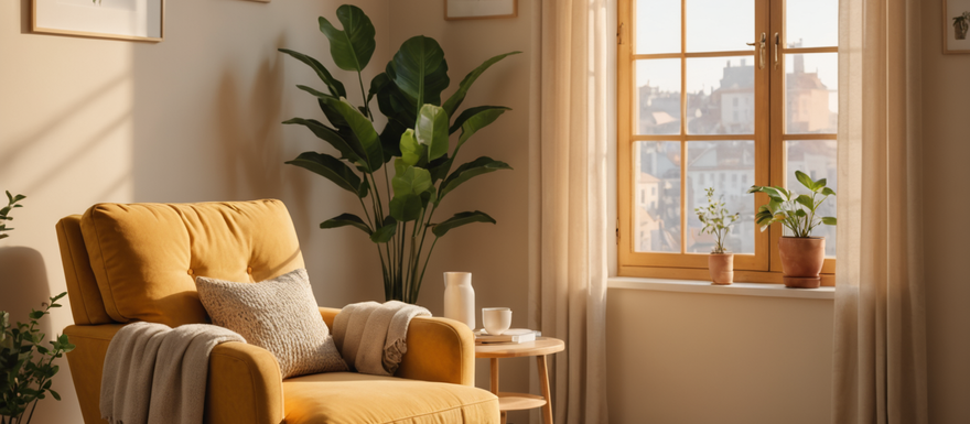 a living room full of natural light and a yellow chair.