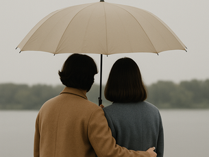 Two people seen from behind sharing one umbrella with a subtle blue accent, symbolizing connection and shared experience in couples therapy. The calm background conveys reflection, individuality, and togetherness — representing the themes of The Umbrella in Your Relationship by Real Talk Clinical Psychology in Houston.