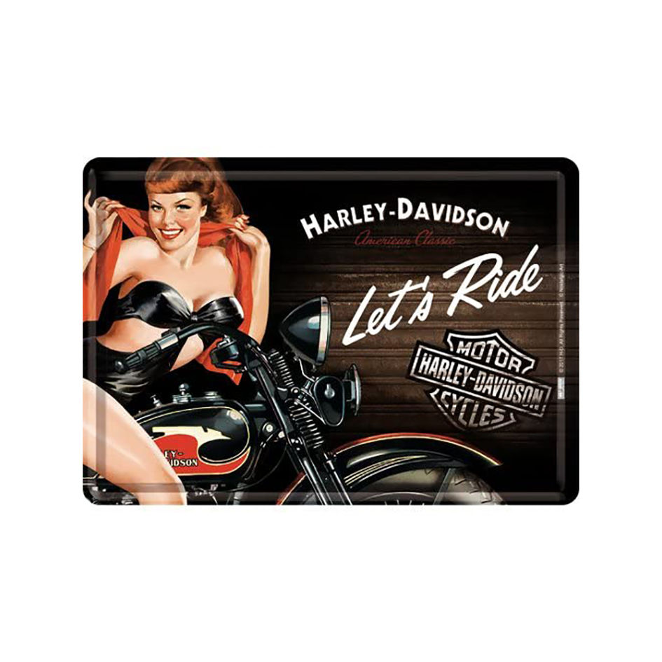 Harley Davidson Let's Ride Pin Up Metal Postcard