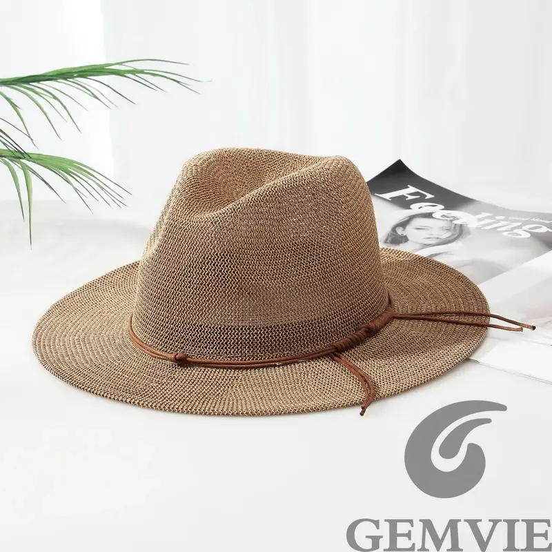 Thumbnail: Panama Hat Hollow Out Straw with Leather Ribbon Large Brim