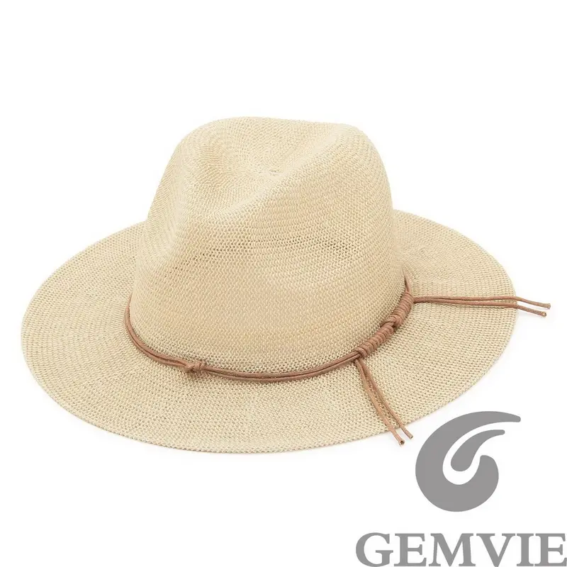 Panama Hat Hollow Out Straw with Leather Ribbon Large Brim