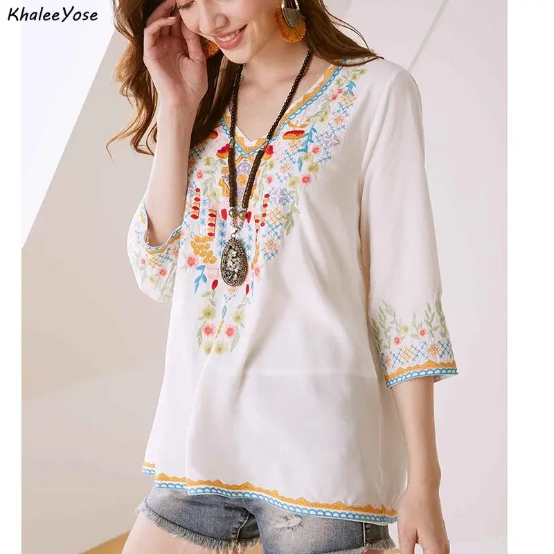 Thumbnail: Floral Embroidery Mexican Blouse Shirts Vintage Chic Blouse