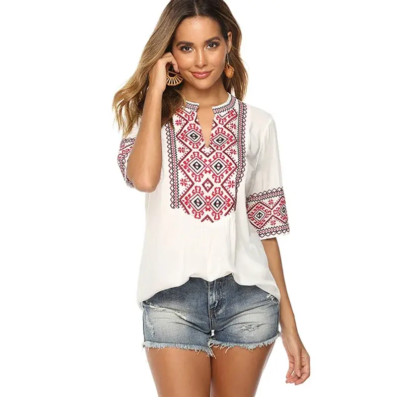 Thumbnail: Floral Embroidery Blouse Shirt White & Pink Lace Mexican Shirt for Women