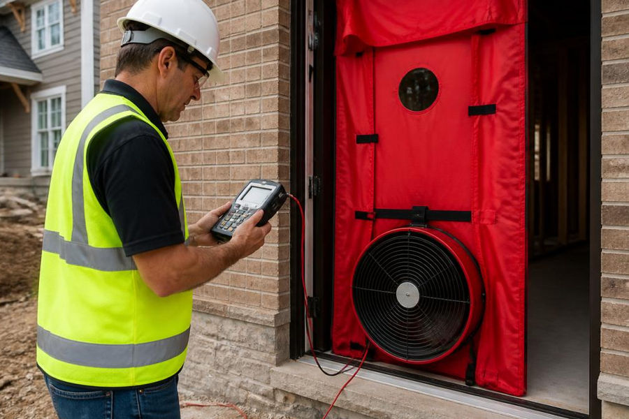 Certified HERS rater using blower door equipment to test a new home