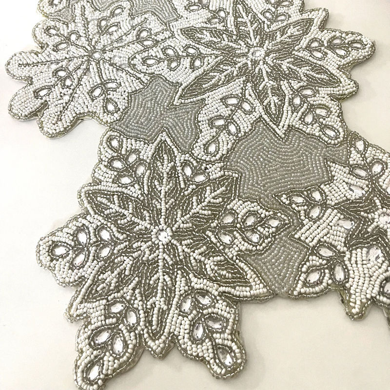 Thumbnail: Handmade bead table runner, Christmas beaded runner, White snowflakes, 13x36in