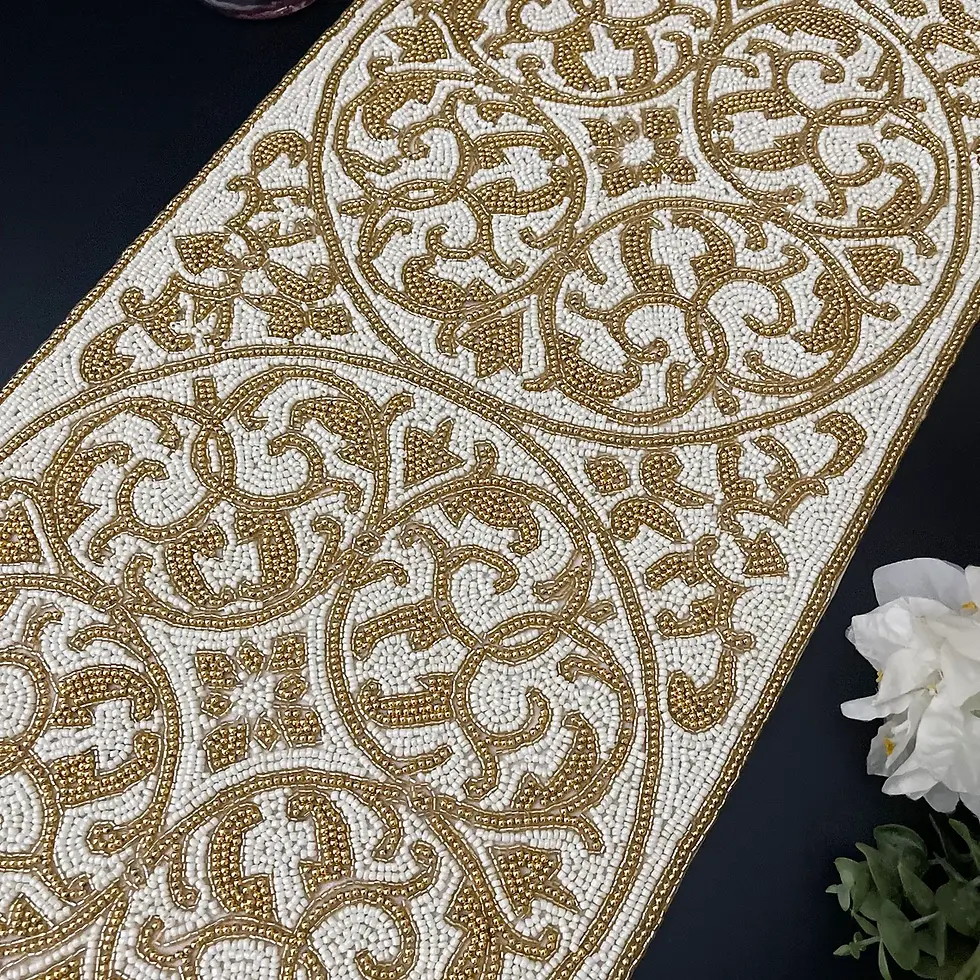 Thumbnail: Handmade bead table runner, geometrical design, light cream and gold, 13x36 inch