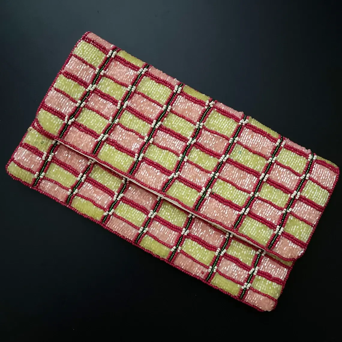 Handmade Beaded clutch bag, Pink and light green, party bag with string, Gift fo