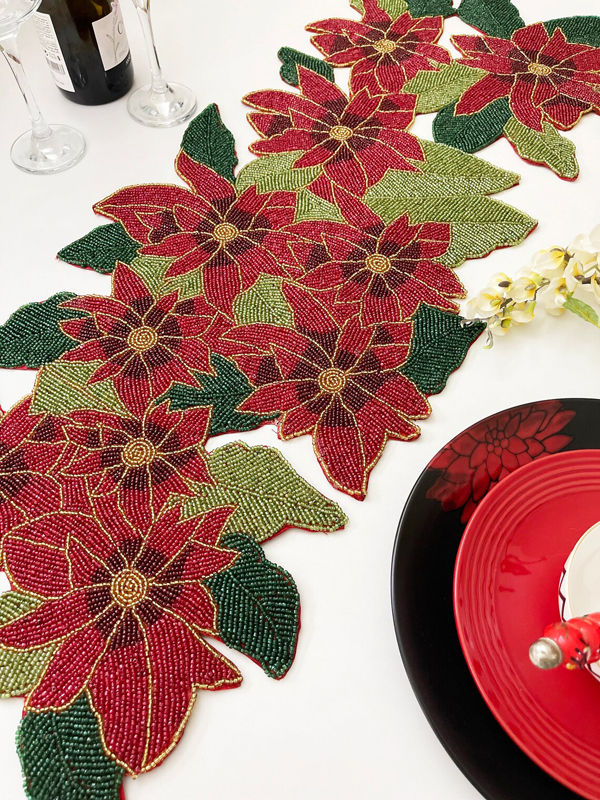 Thumbnail: Handmade table runner, floral beaded table runner, Poinsettia runner, 13x36inch