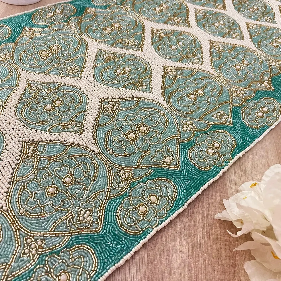 Thumbnail: Luxury handmade bead runner, teal, light blue and gold, 13x36 inch