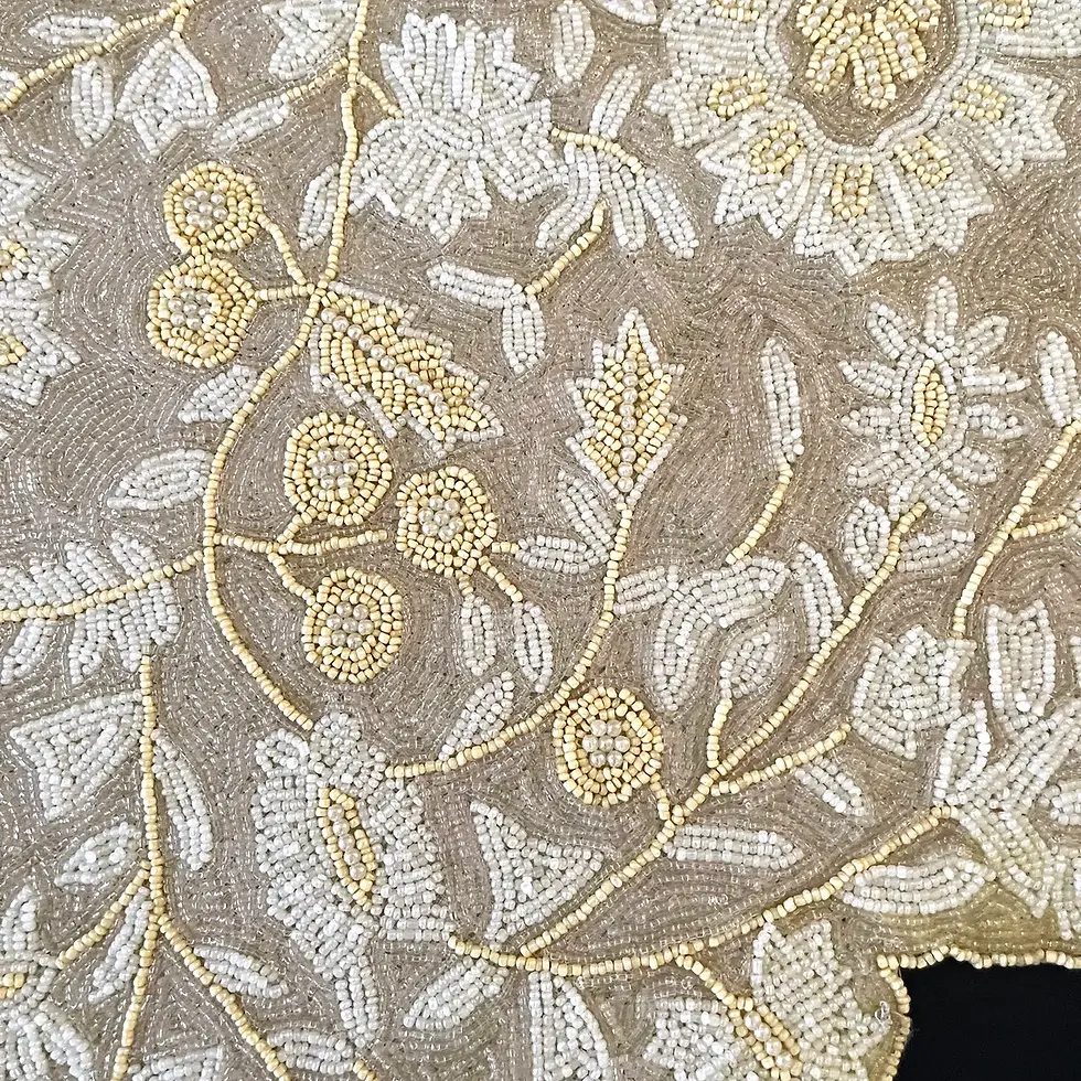 Thumbnail: Handmade beaded floral table runner, white beige, 15x36inch