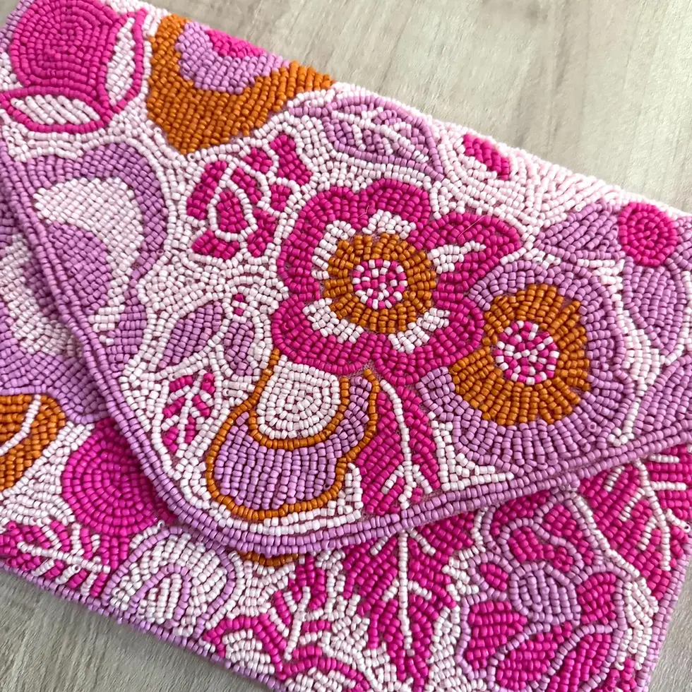 Thumbnail: Handmade Beaded Floral Clutch Bag: Party Purse with String