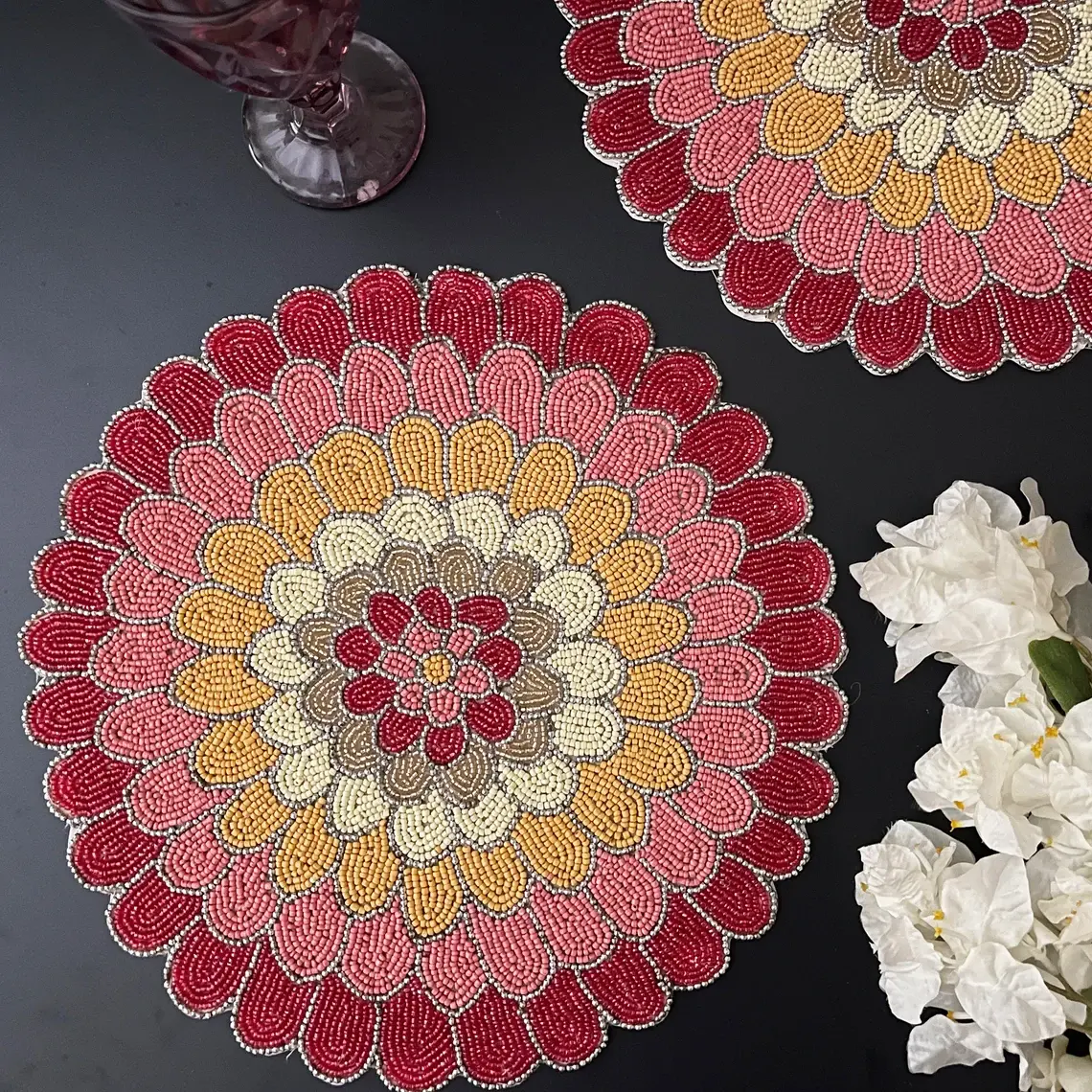 Set of 6, Handmade beaded placemat, floral tablemat red pink yellow, 14 inch