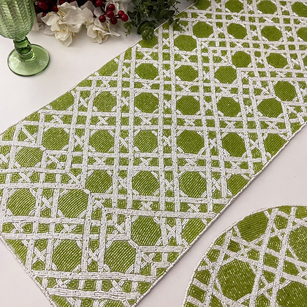 Thumbnail: Green and white table runner, handmade beaded, 13x36 inch