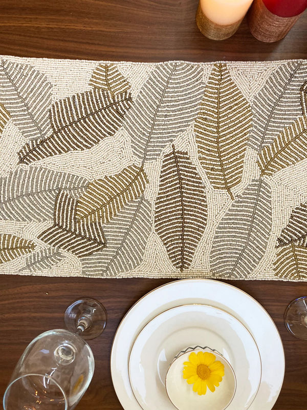 Thumbnail: Handmade table runner, beaded table runner, leaf design bead runner, 13x36inch