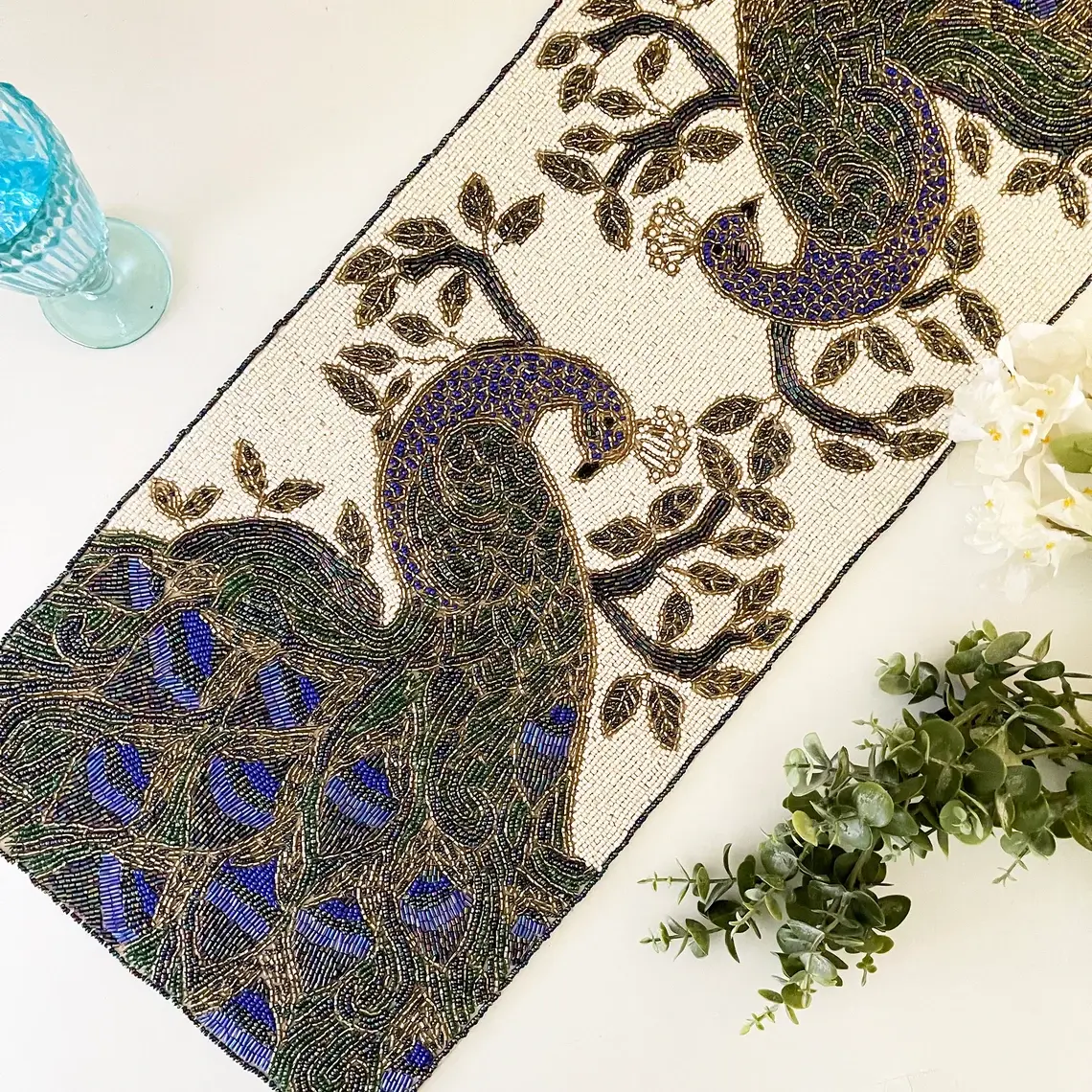 Handmade bead table runner, peacock design, blue and light cream, 13x36 inch