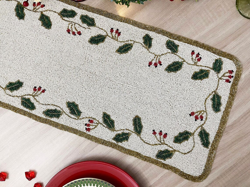 Thumbnail: Christmas Special beaded runner, 13x36 inch, gifts, holly berry design
