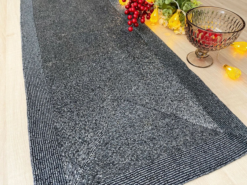 Thumbnail: Handmade table runner, gunmetal black, hand beaded runner, 13x36inch