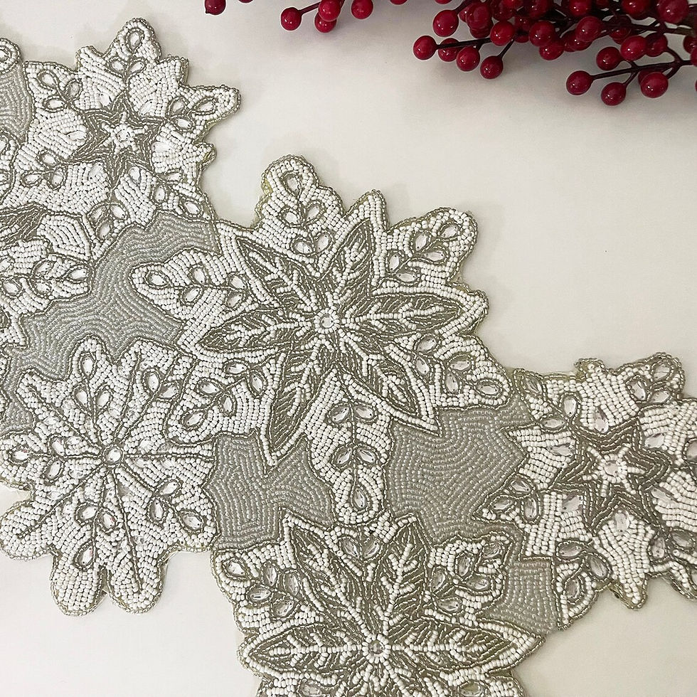 Thumbnail: Handmade bead table runner, Christmas beaded runner, White snowflakes, 13x48inch