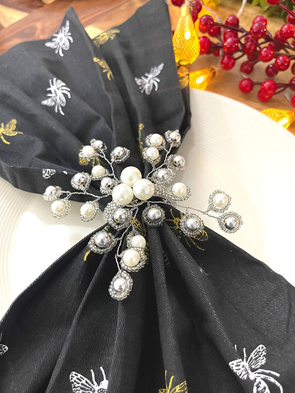 Thumbnail: Napkin rings, set of 6, white and silver, Christmas gift for her, bead napkin