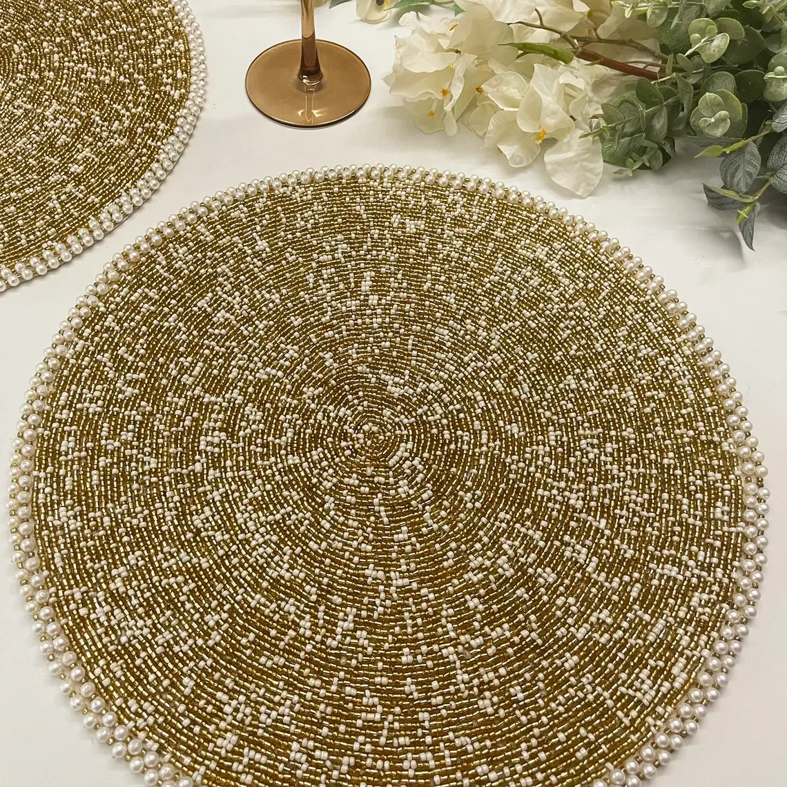 Handmade Gold White Beaded Placemat, Round Pearl Edge Table Mat 14inch