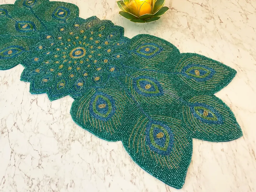 Thumbnail: Handmade bead table runner, peacock design beaded runner 13x36 inch