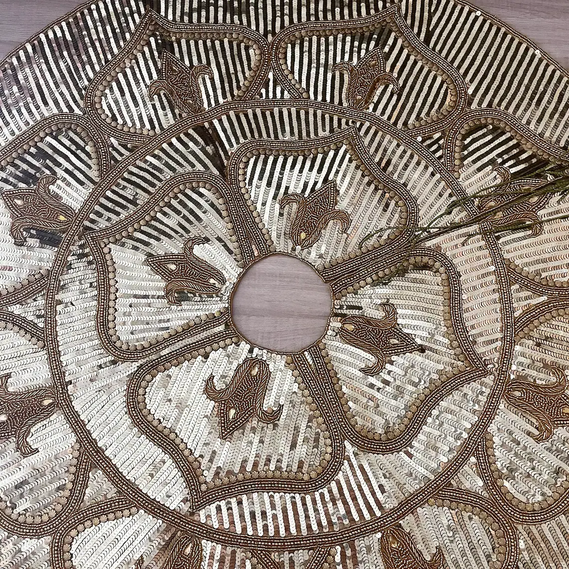 Handmade beaded Christmas tree Skirt using beads and sequins, 34 inch Diameter